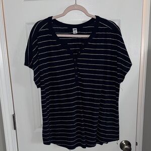 Old Navy Navy and White Striped Henley Short Sleeve Tee